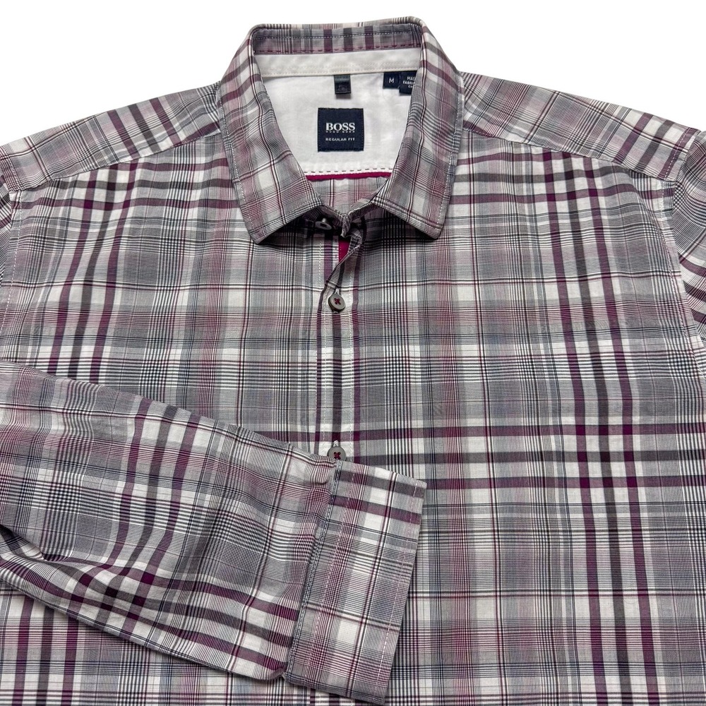 Boss Hugo Boss Shirt Mens Medium Gray Plaid Regular Fit Long Sleeve Button Down